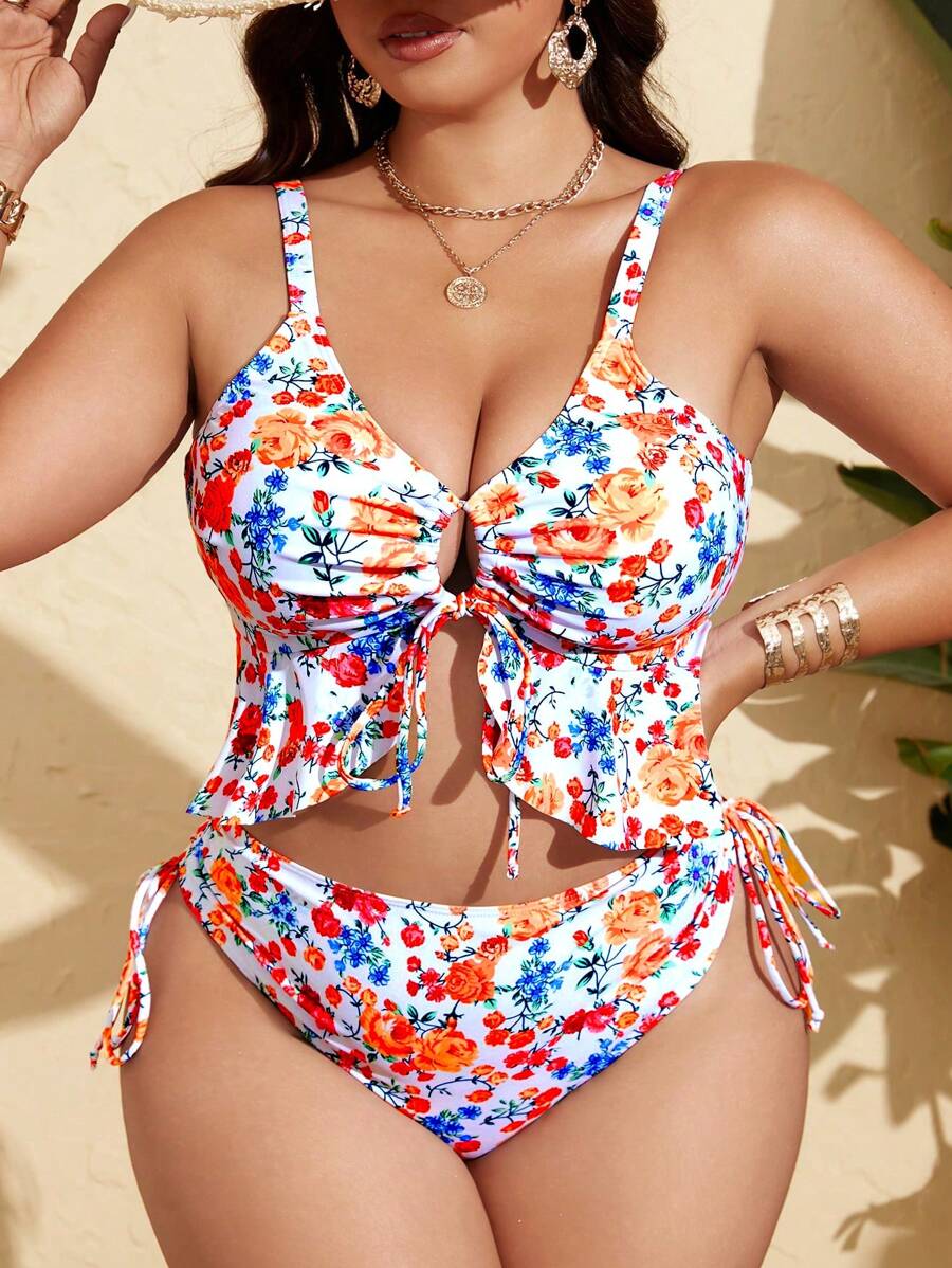 Tankini Feminino com Babado no Busto, Amarração Lateral, Fenda Carolina