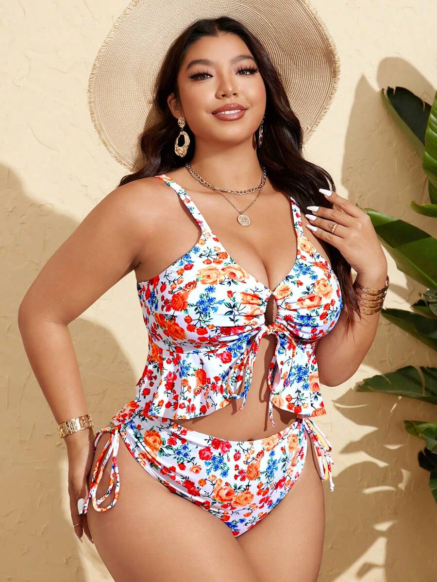 Tankini Feminino com Babado no Busto, Amarração Lateral, Fenda Carolina