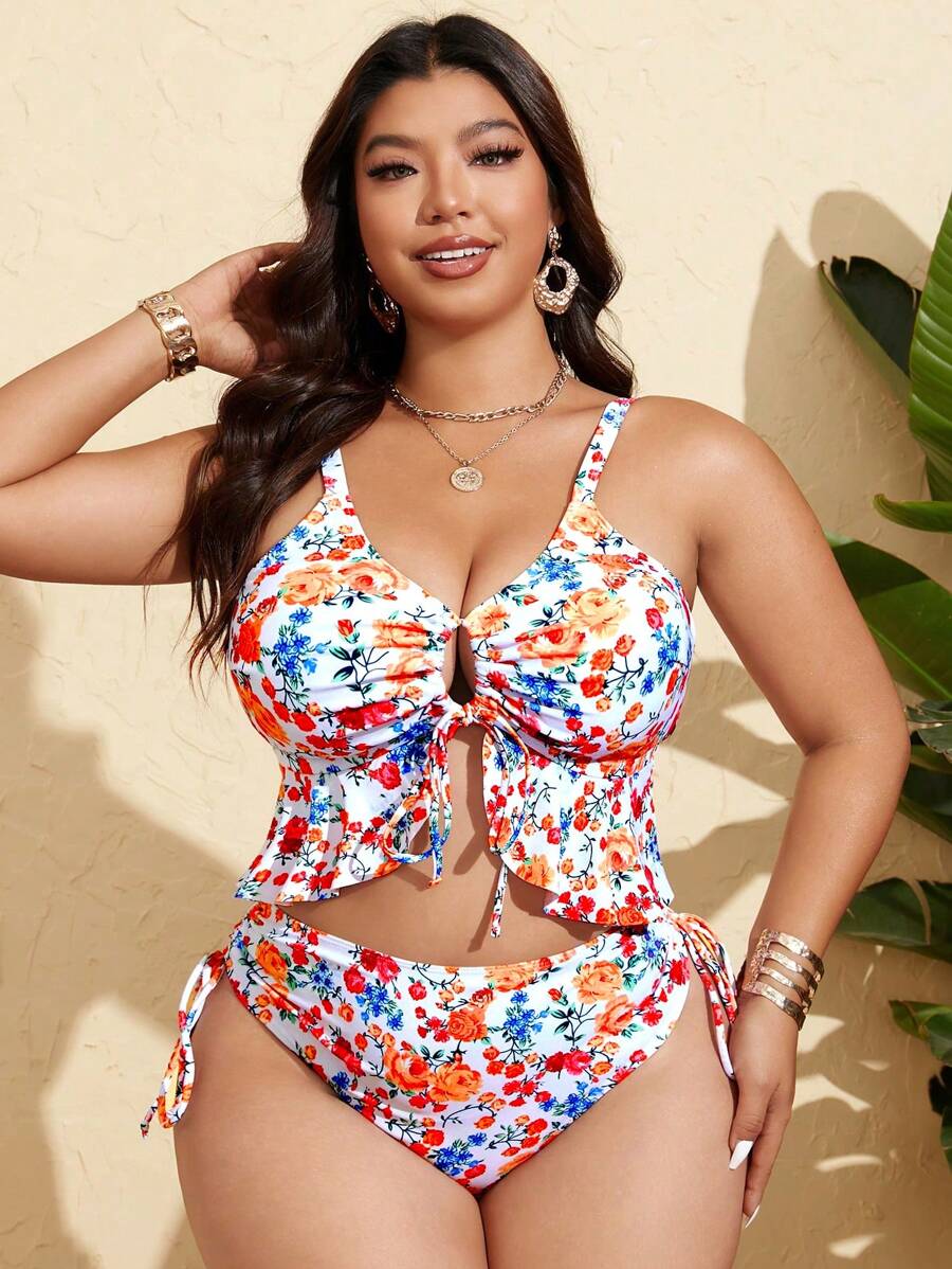 Tankini Feminino com Babado no Busto, Amarração Lateral, Fenda Carolina