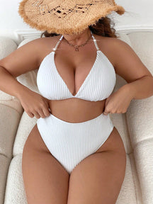 Biquíni Feminino com Textura Canelada e Detalhe com pérolas